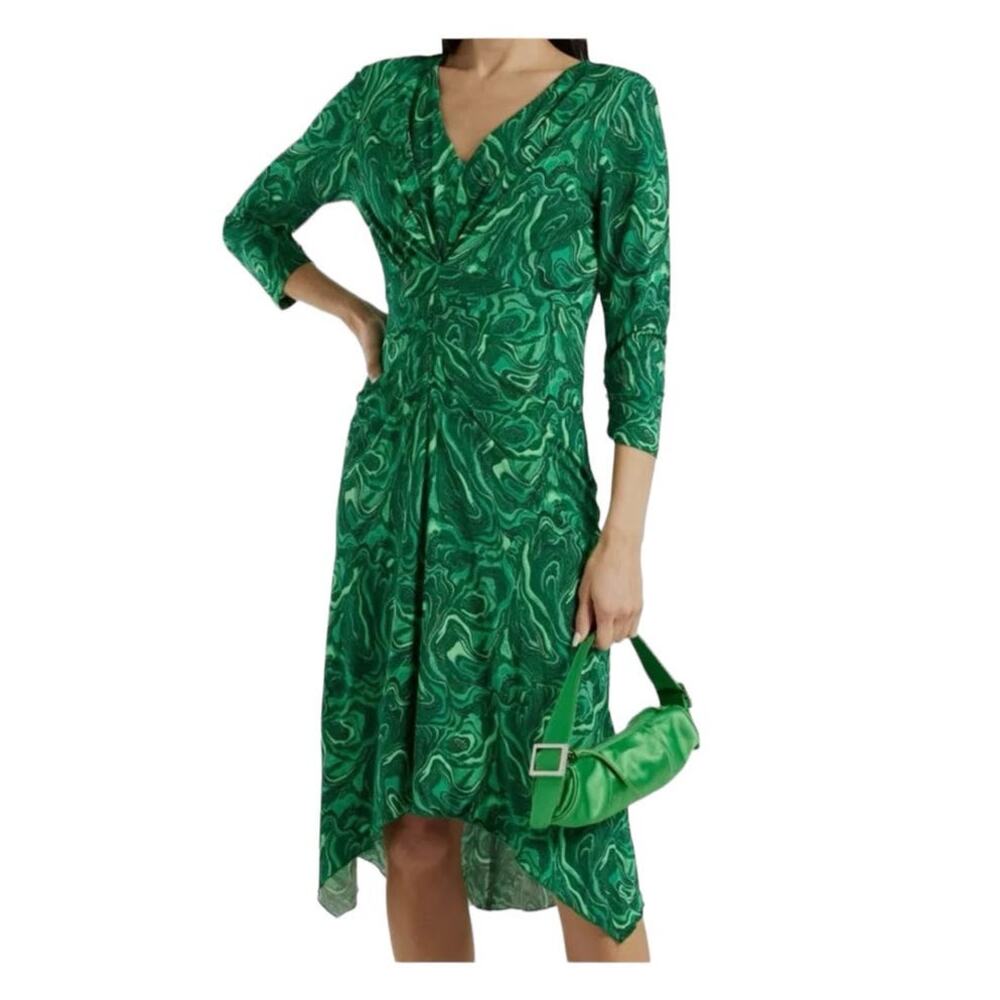Diane Von Furstenberg Dress Green Marble Quarter Sleeve Asymmetrical Hem Midi XL